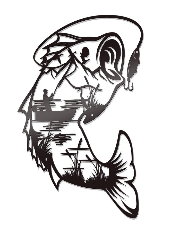 Bnesi Black Metal Fish Wall Art Fishing Wall Decor Hunting Wall Art Unique Fish Sign Wall Plaque for Home Bathroom Kitchen Bedroom Living Room Gifts for Fishing Lovers (Black) - Image 1